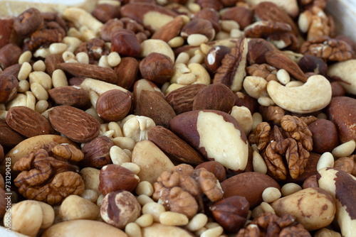 Close-up of mixed nuts (hazelnut, almond, walnut, Brazil, and pine nuts). Brain food, healthy fats, plant-based snack concept. Selective focus.