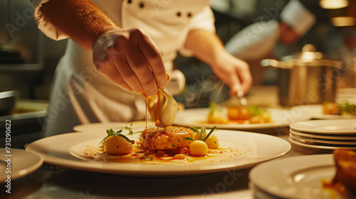 A skilled chef in a well-equipped gourmet kitchen showcases culinary artistry as they meticulously prepare an elaborate dish, paying attention to every detail and ingredient. The scene captu photo