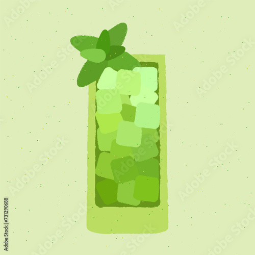 High glass. Fresh mocktail with mint and ice cubes. Green alcohol cocktail for bar. Soft alcohol liquid. Non-alcoholic drink to maintain health. Detox beverage. Flat vector illustration with texture