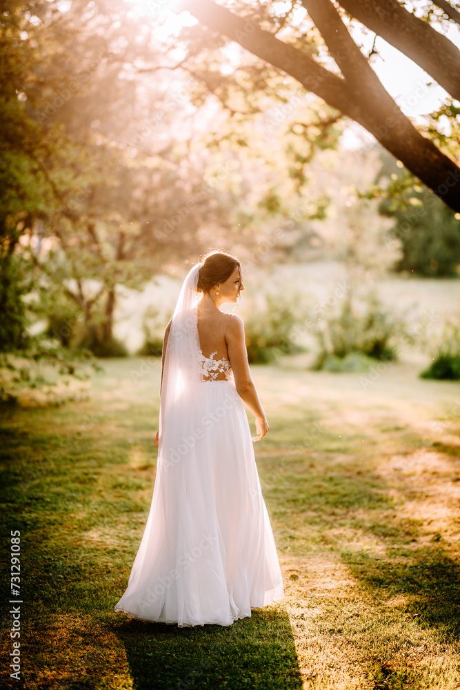 Valmiera, Latvia - July 7, 2023 - A bride in a white wedding dress and veil stands in a sunlit garden, looking away from the camera. Valmiera, Latvia - July 7, 2023 - A bride in a white wedding dress and veil stands in a sunlit garden, looking away from the camera.
