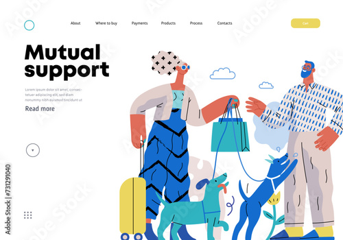 Mutual Support: Pet-sitting -modern flat vector concept illustration of a woman going on vacation leaving her dogs with neighbor. A metaphor of voluntary, collaborative exchanges of resource, services