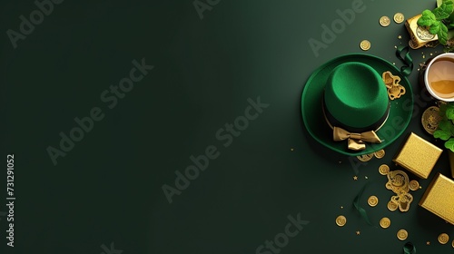 Green background St. Patrick's Day symbols coins,hat and clover.Generative AI