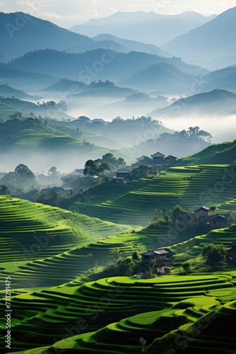 Sunlight cascading over vibrant green terraced rice fields