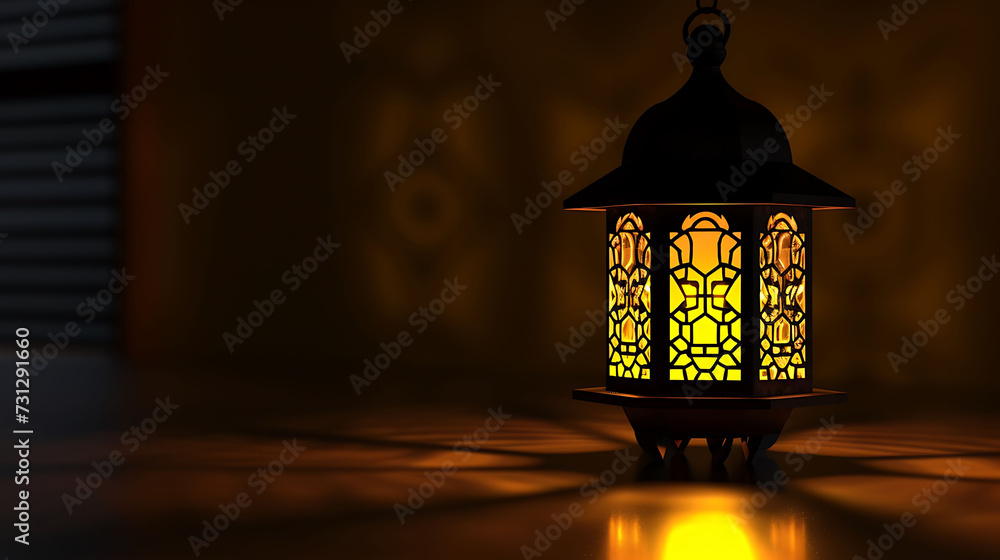 A decorative lantern in the dark. An old yellow lamp is mirrored in the floor A decorative lantern in the dark. An old yellow lamp is mirrored in the floor