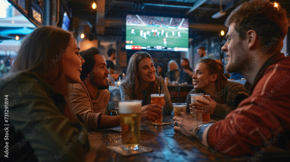 A lively group of friends engrossed in a thrilling sports game at a buzzing pub, their eyes glued to the big TV screen. Excitement fills the air as they cheer and clap, fully immersed in the