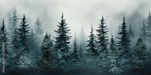 Ethereal snowy forest with fog and silhouetted pine trees