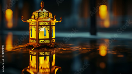 A decorative lantern in the dark. An old yellow lamp is mirrored in the floor