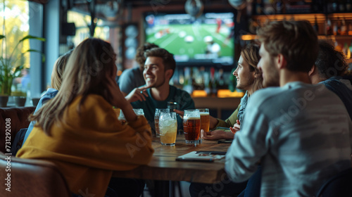 A lively group of friends engrossed in a thrilling sports match at a cozy pub, cheering, clinking glasses, and enjoying a spirited atmosphere.
