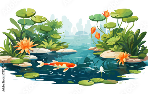 peaceful Japanese garden with koi pond vector isolated illustration