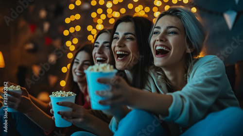 A group of friends bond over a movie marathon night, laughing, eating popcorn, and enjoying each other's company.