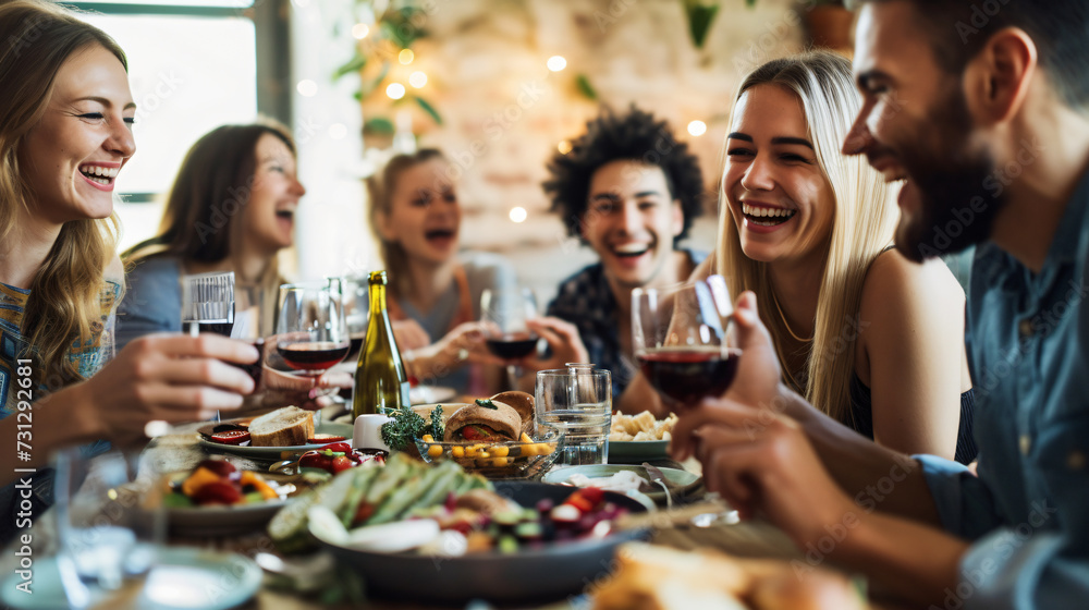 A close-knit group of friends engrossed in laughter and delight while relishing a delicious meal together, exemplifying genuine social interaction and unbridled joy. - obrazy, fototapety, plakaty 