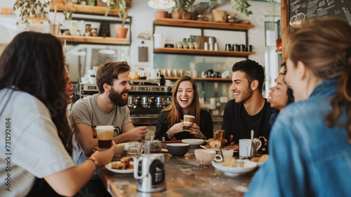 A vibrant group of friends immerses in laughter and joy while enjoying their coffee in a hip  industrial-style caf    .