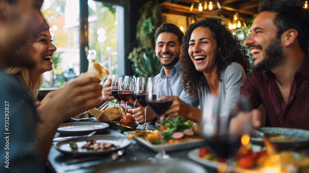 Friends sharing a delightful meal, radiating contagious laughter and genuine camaraderie. Celebrate the joy of social interactions with this captivating image. - obrazy, fototapety, plakaty 