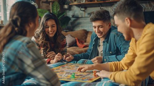 Group of friends enjoying a lively board game in a warm and inviting living room, laughter and camaraderie fill the air.