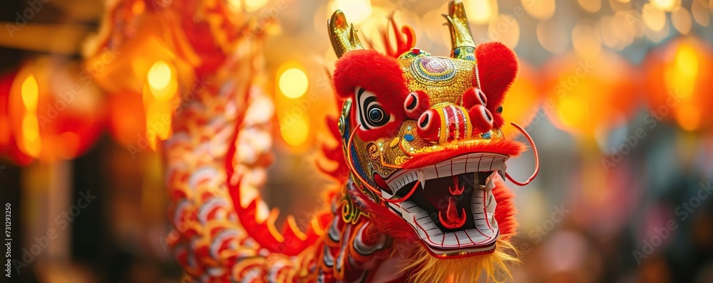 Chinese New Year lion dance celebration with beautiful sparkling lights
