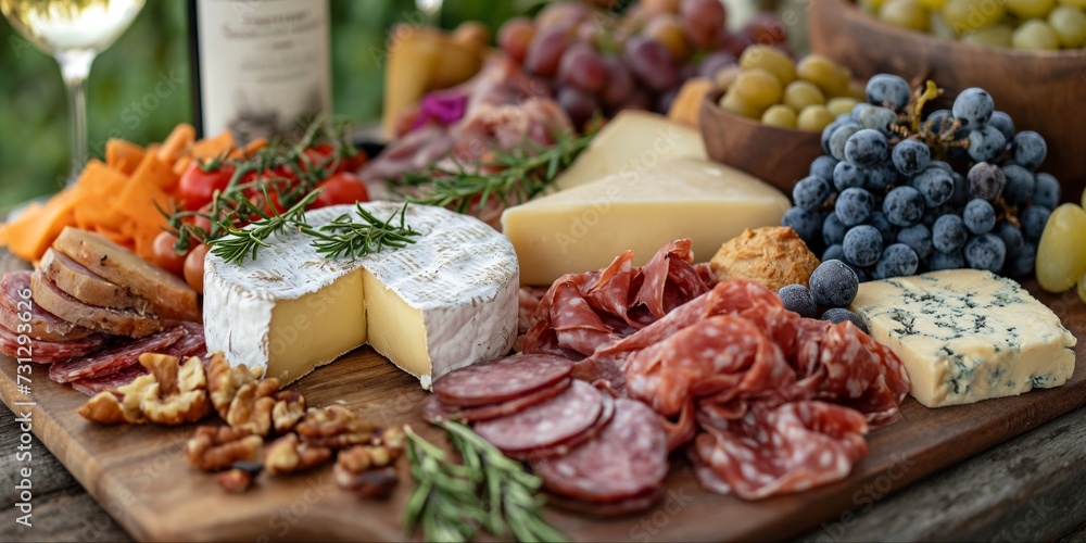 Picnic served outside with a bottle of wine, cheese, grapes, salami on a wooden board