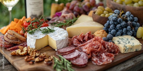Fototapet Picnic served outside with a bottle of wine, cheese, grapes, salami on a wooden