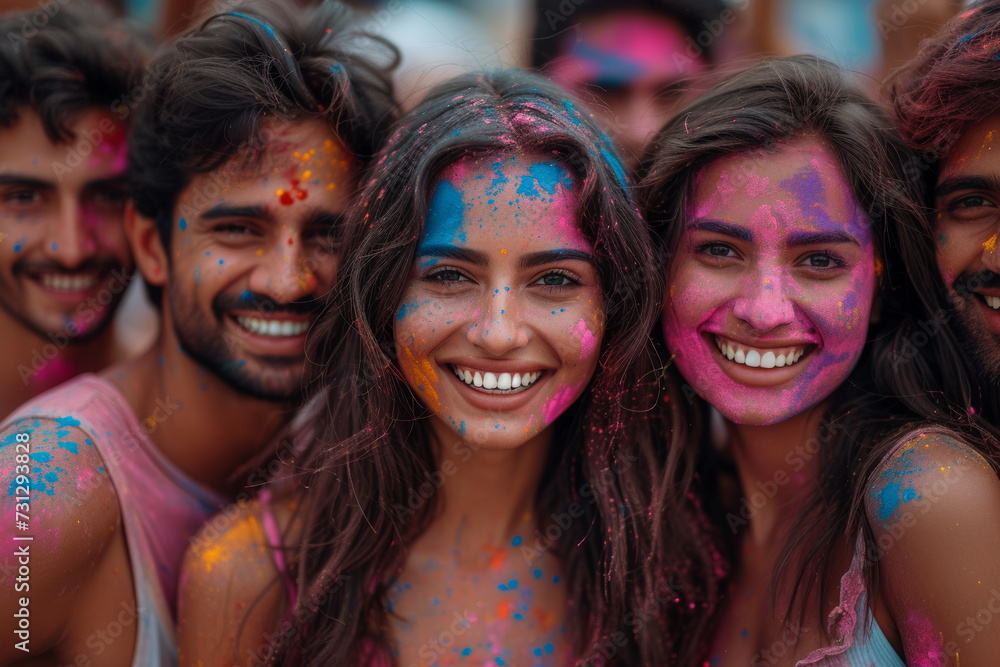 A group of friends joyfully celebrating the Holi festival, covered in vivid colored powders, creating a spectacle of unity and diversity. Concept of vibrant cultural celebrations. Generative Ai. A group of friends joyfully celebrating the Holi festival, covered in vivid colored powders, creating a spectacle of unity and diversity. Concept of vibrant cultural celebrations. Generative Ai.