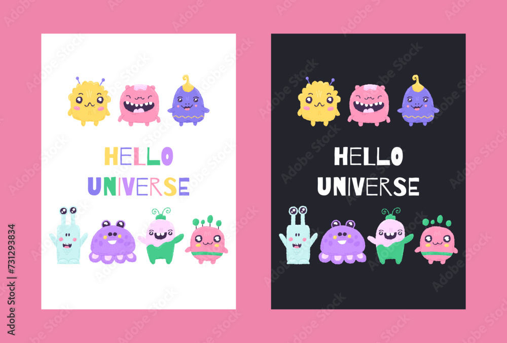 Space poster with cute monsters in the cartoon hand drawn style with quote letternig. Vector illustration