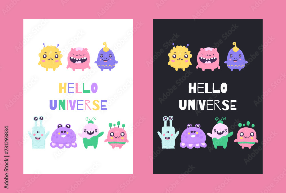 Space poster with cute monsters in the cartoon hand drawn style with quote letternig. Vector illustration Space poster with cute monsters in the cartoon hand drawn style with quote letternig. Vector illustration