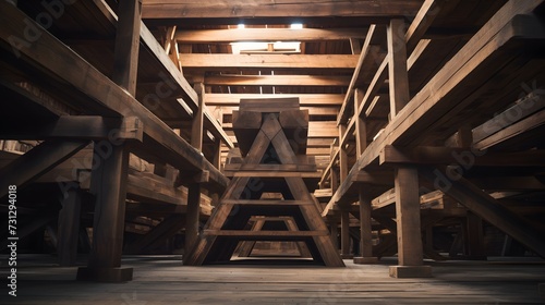 Stacked wooden beams in the warehouse 