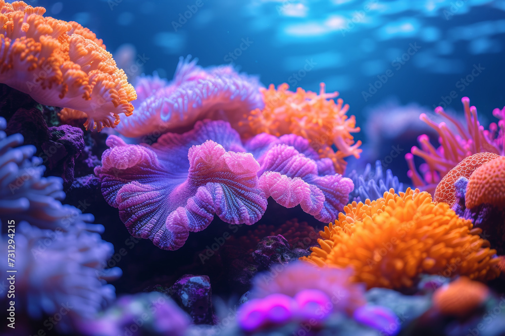 A close-up of a lively coral reef, showcasing the vivid colors of underwater life in a mesmerizing display of aquatic vibrancy. Concept of vibrant marine ecosystems. Generative Ai. A close-up of a lively coral reef, showcasing the vivid colors of underwater life in a mesmerizing display of aquatic vibrancy. Concept of vibrant marine ecosystems. Generative Ai.