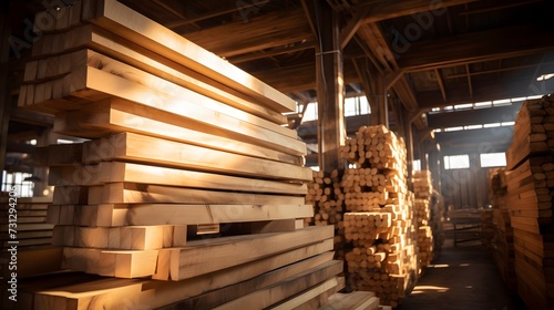 Stacked wooden beams in the warehouse 