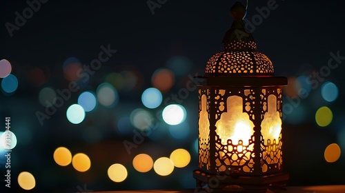 Ornamental Arabic lantern with burning candle glowing at night Ramadan Kareem concept