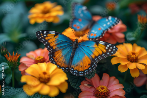 A close-up of a butterfly garden with a variety of colorful butterflies fluttering among vibrant flowers, showcasing nature's vibrant palette. Concept of a lively butterfly habitat. Generative Ai.