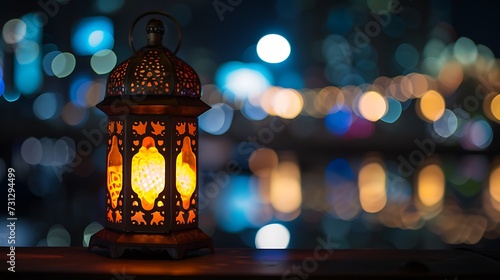 Ornamental Arabic lantern with burning candle glowing at night Ramadan Kareem concept