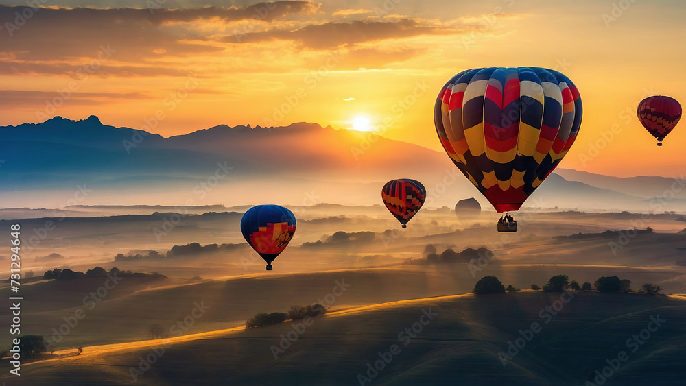 Naklejka premium Colorful hot air balloons flying over mountain at Dot Inthanon in Chiang Mai, Thailand.