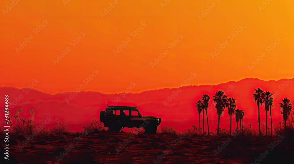 A vehicle is silhouetted against a vibrant orange sunset in a desert landscape