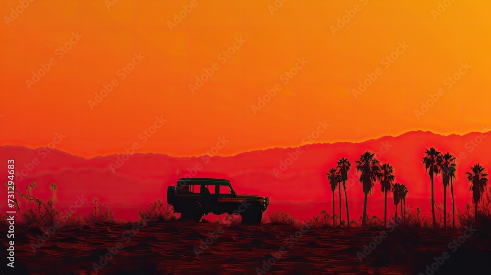 A vehicle is silhouetted against a vibrant orange sunset in a desert landscape A vehicle is silhouetted against a vibrant orange sunset in a desert landscape