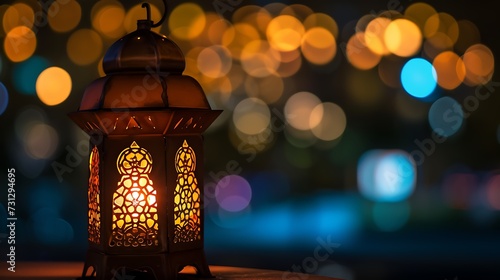 Ornamental Arabic lantern with burning candle glowing at night Ramadan Kareem concept