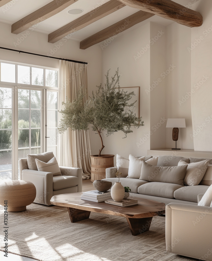 A stylish living room bathed in natural light, adorned with cozy neutral furnishings and organic textures for a sophisticated look A stylish living room bathed in natural light, adorned with cozy neutral furnishings and organic textures for a sophisticated look