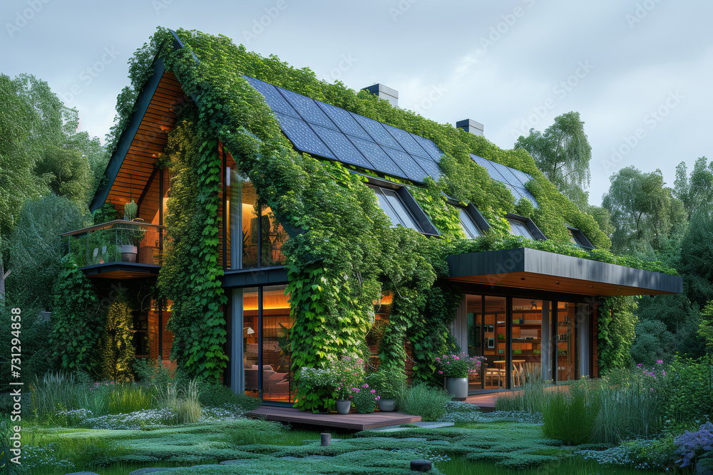 An eco-friendly home with a solar-panel-adorned roof, harnessing sustainable energy and reducing reliance on traditional power sources. Concept of energy efficiency. Generative Ai. An eco-friendly home with a solar-panel-adorned roof, harnessing sustainable energy and reducing reliance on traditional power sources. Concept of energy efficiency. Generative Ai.