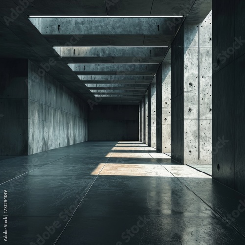 Modern Panoramic of Dark Empty Concrete Wall Room.