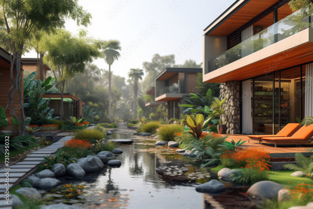 A residence featuring rainwater harvesting systems and permeable surfaces, contributing to water conservation and minimizing runoff. Concept of water-wise living. Generative Ai. A residence featuring rainwater harvesting systems and permeable surfaces, contributing to water conservation and minimizing runoff. Concept of water-wise living. Generative Ai.