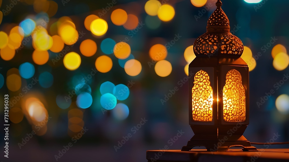 Ornamental Arabic lantern with burning candle glowing at night Ramadan Kareem concept Ornamental Arabic lantern with burning candle glowing at night Ramadan Kareem concept