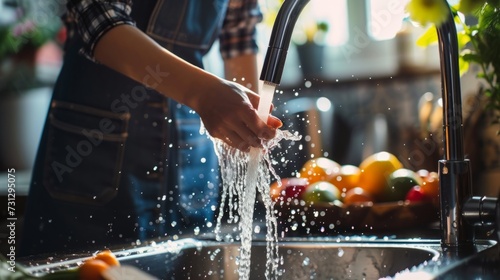 Close up of person hands with water pouring down in the kitchen sink photo