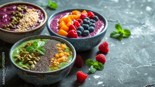 Acai bowls, chia seed puddings, and green smoothies are elegantly arranged on marble surfaces