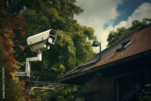 A security camera, overlooking from its high vantage point, ensures the monitoring of a property against a cloudy sky. It's ideal for security service advertisements.