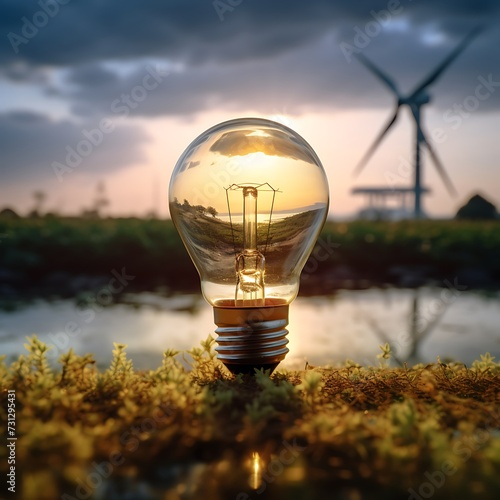 Renewable Energy Concept with Light Bulb and Wind Turbines