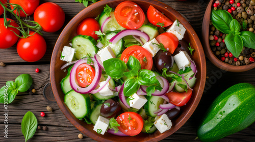 Useful vitamin vegetable salad of tomatoes, cucumbers, olives, leafy greens, onions. Top view. Proper nutrition.