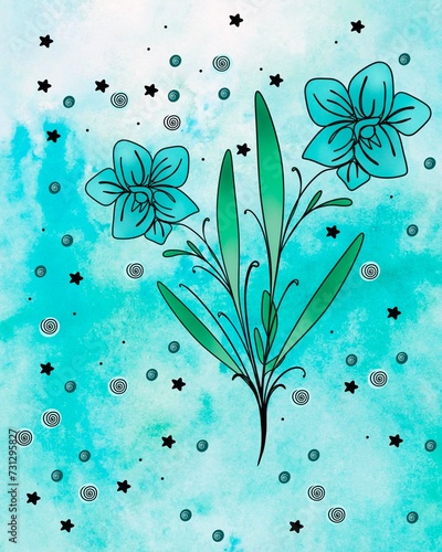 line art drawing of flowers on a watercolor background with doodle parterre. ...