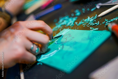Making linoleum print. Handmade workshop. 