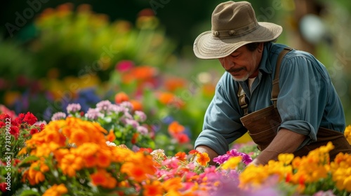 A gardener tends to vibrant blooms, cultivating a tapestry of colors and scents