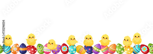 Seamless border with Easter eggs and yellow funny fluffy chickens. Easter decor template. Horizontal decorative divider with painted eggs and chickens. Vector illustration.