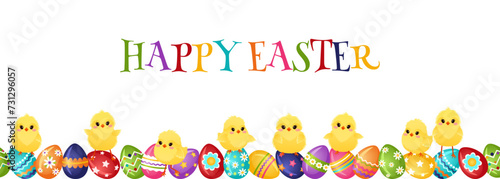 Easter greeting background with painted eggs and funny chickens. Seamless Easter children's decor. Vector illustration.