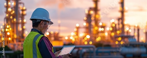 Male engineer working in the afternoon wearing work gear with tablet inside oil and gas refinery industrial plant in the afternoon for inspector safety quality control.
